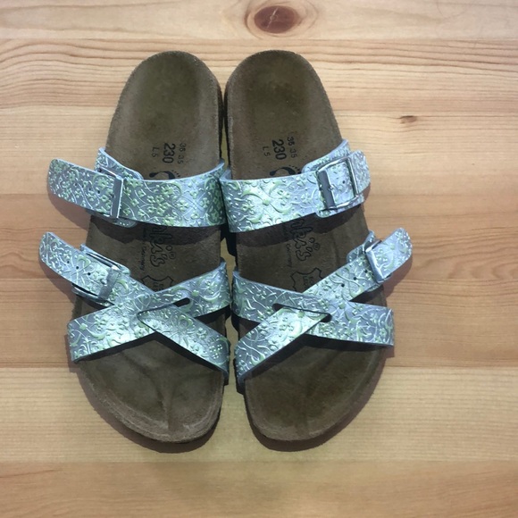 New Birkenstock Metallic Silver & Green Sandals - Picture 2 of 5